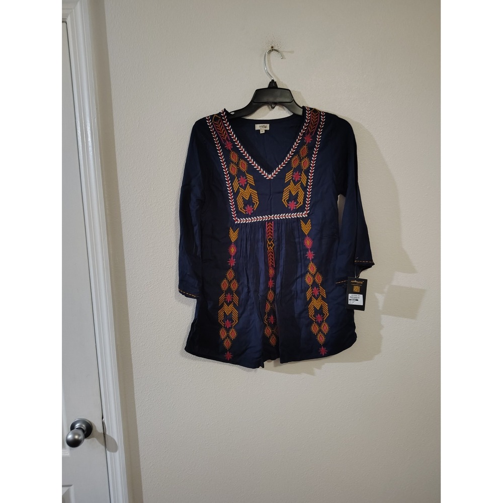 Aryan's NX Navy Blue Embroidered Boho‎ Tunic Top V-Neck 3/4 Sleeve Womens Medium